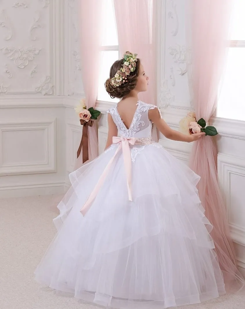 ---Abiti da cerimonia per bambina a prezzo scontato su internet, stile principessa realizzati in raso e tulle con applicazioni i