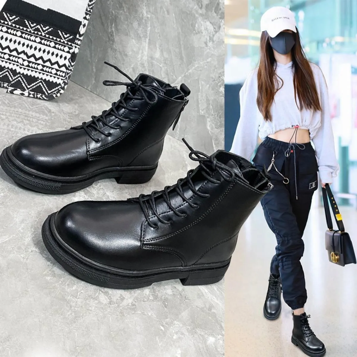 2022 Stivali da donna da moto Scarpe invernali in morbida pelle Zeppe Botas nere Piattaforme stringate femminili Donna Botas Mu