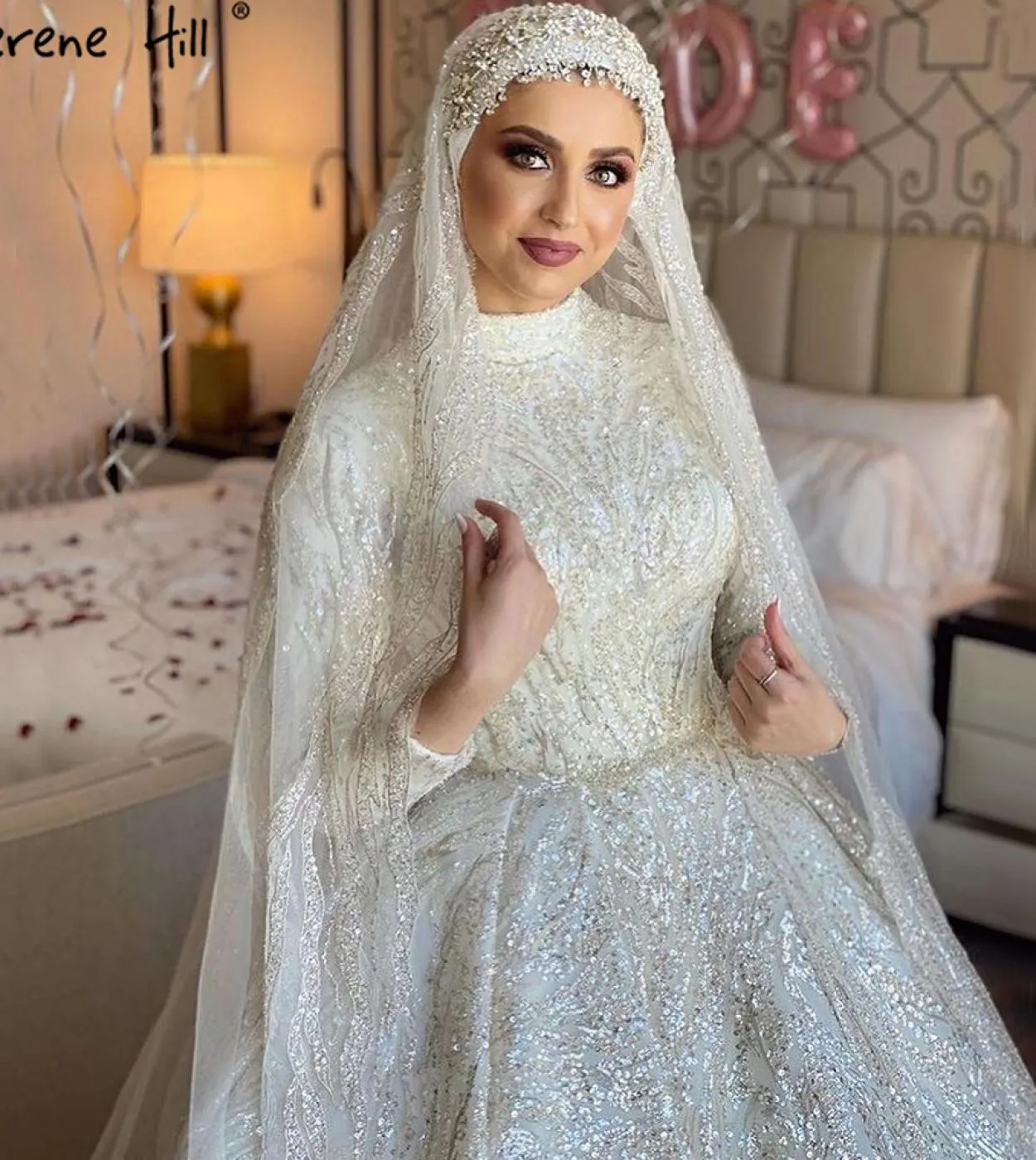 Abiti da sposa con perline avorio musulmano Serene Hill Abiti da sposa scintillanti di lusso di fascia alta Ha2477 Abito da spos