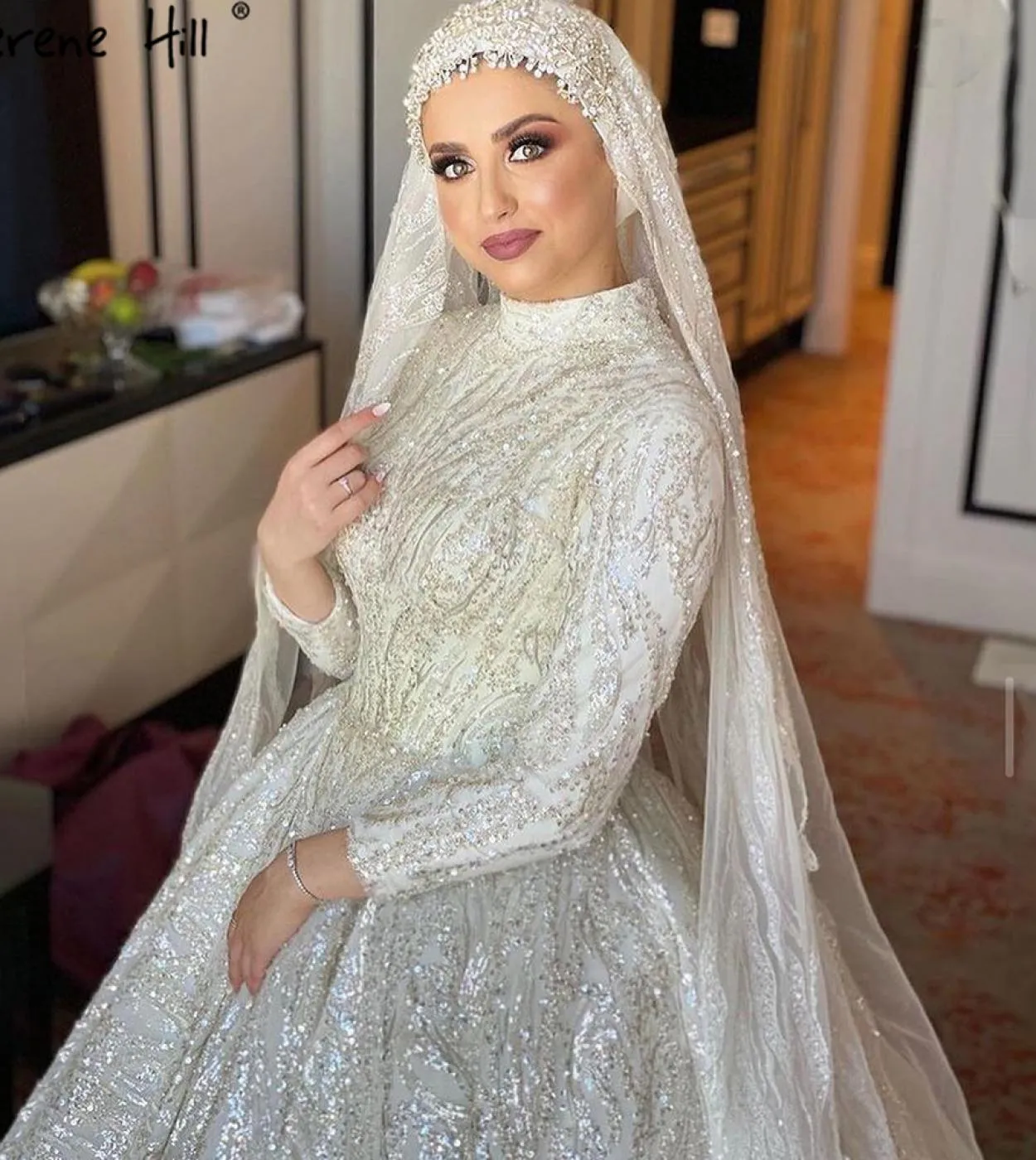 Abiti da sposa con perline avorio musulmano Serene Hill Abiti da sposa scintillanti di lusso di fascia alta Ha2477 Abito da spos