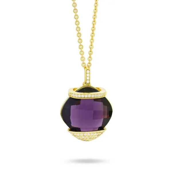 BGR116DV Collana in argento placcata oro giallo con cristallo ametista da mm 14 e zirconi    