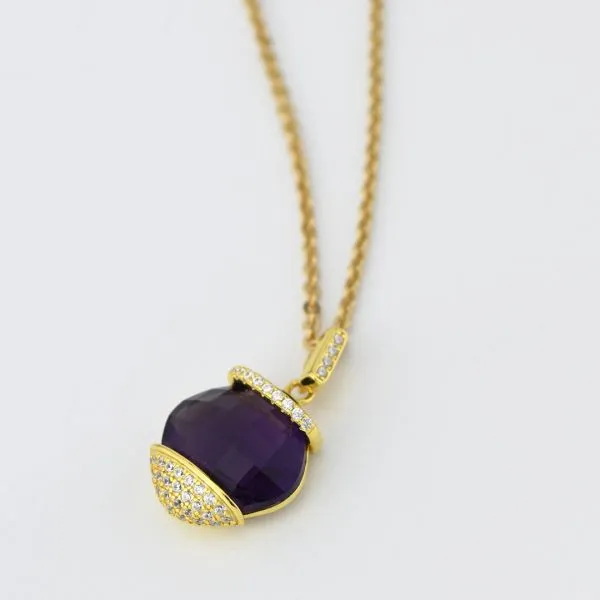 BGR116DV Collana in argento placcata oro giallo con cristallo ametista da mm 14 e zirconi    