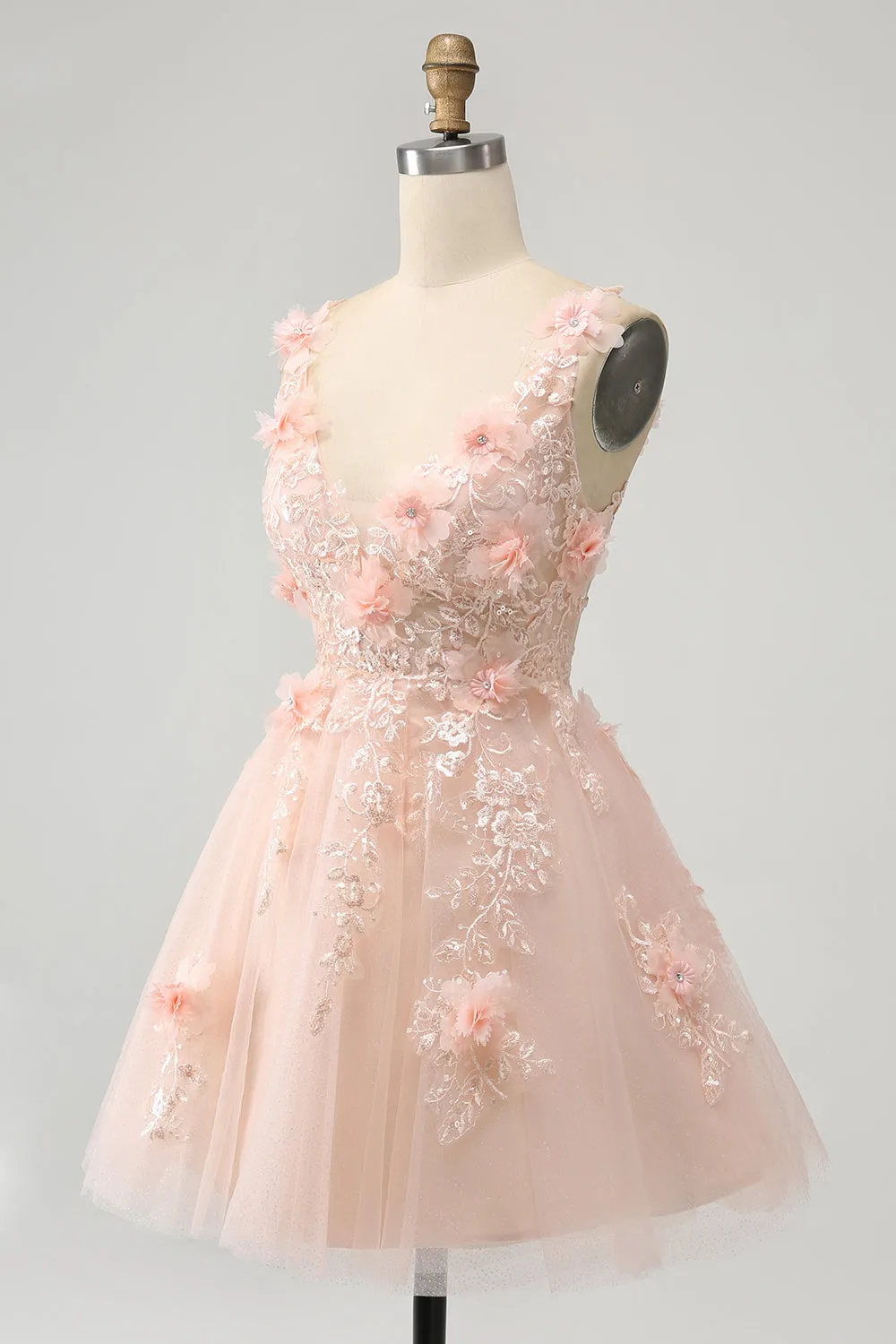 Blush Elegante Una Linea Collo A V Abito Corto Da Laurea In Paillettes Con Fiori 3d