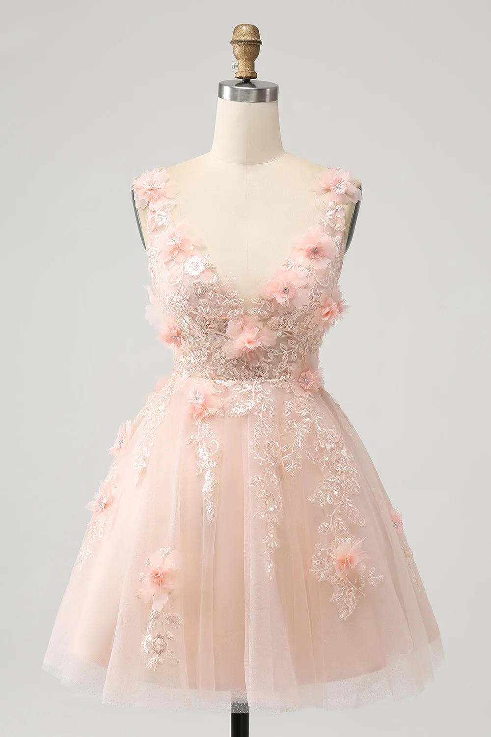 Blush Elegante Una Linea Collo A V Abito Corto Da Laurea In Paillettes Con Fiori 3d