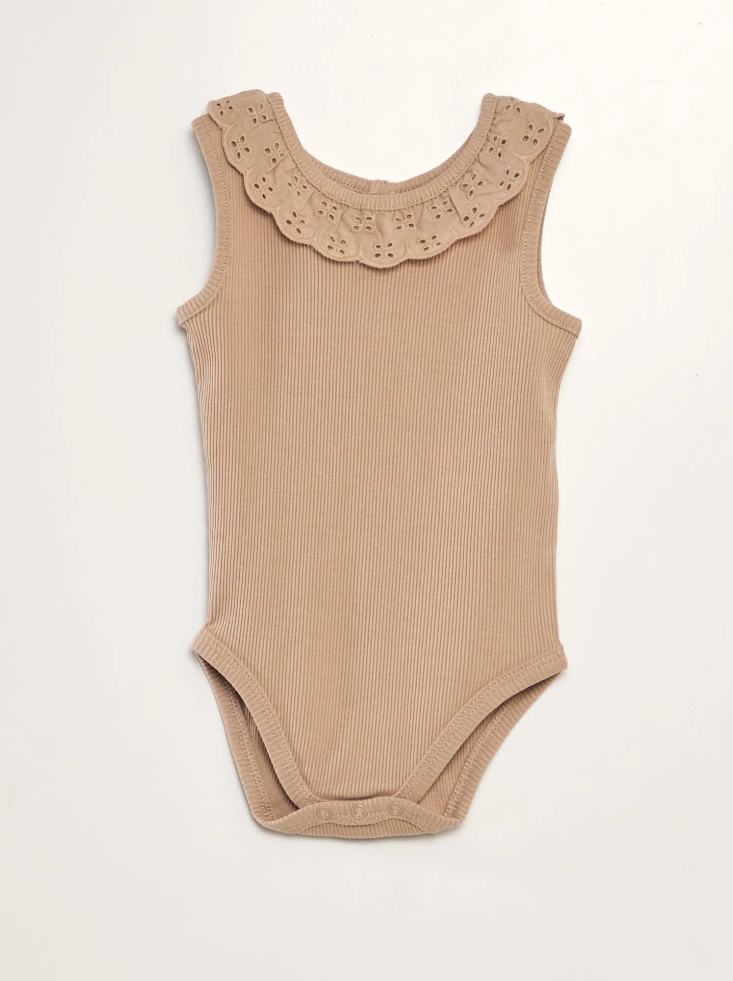 Body a coste con collo ricamato - BEIGE