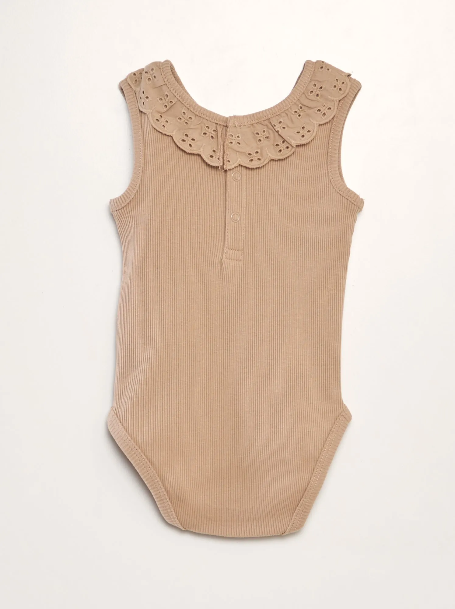 Body a coste con collo ricamato - BEIGE