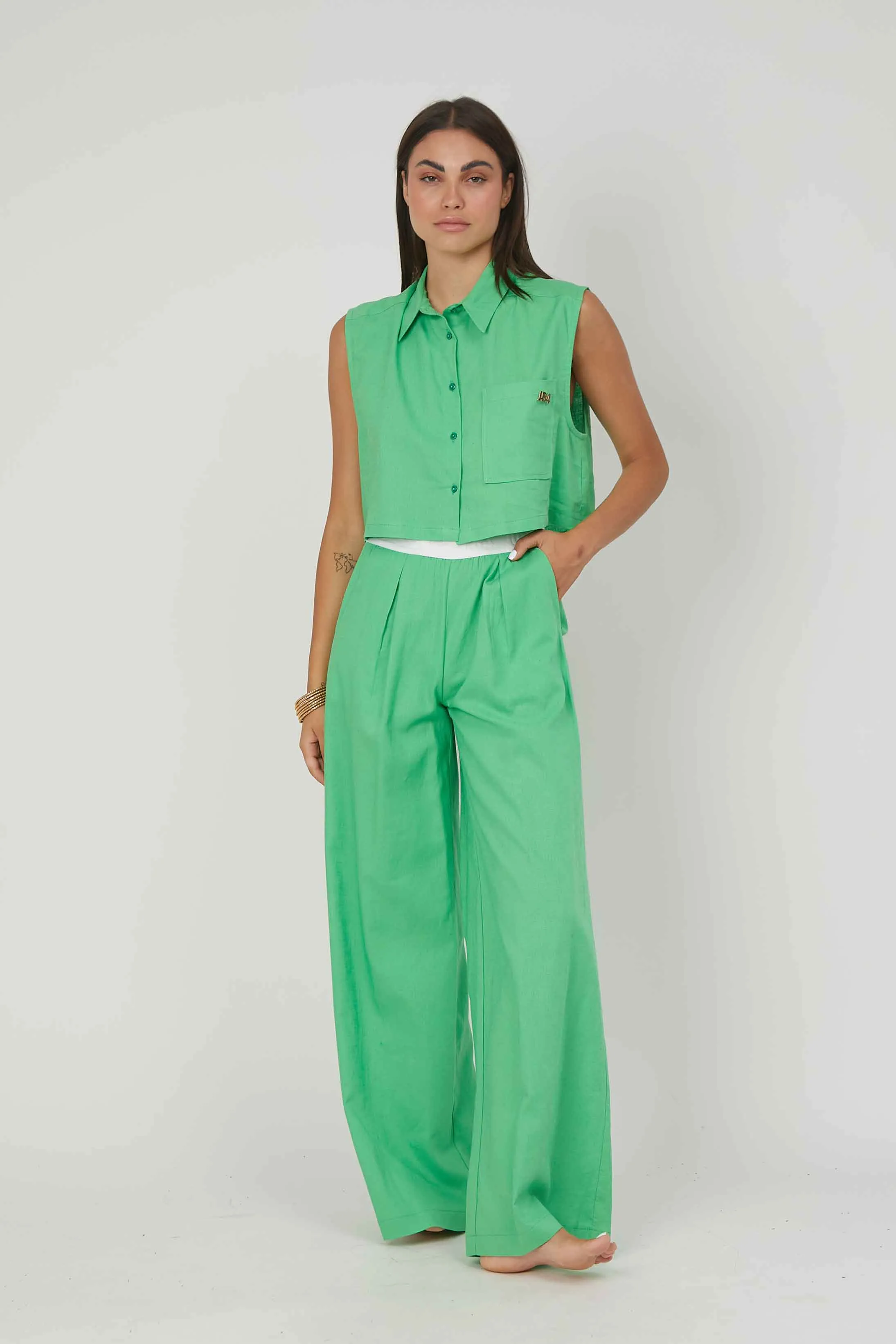 CAMICIA SMANICATA LINO AQUA GREEN