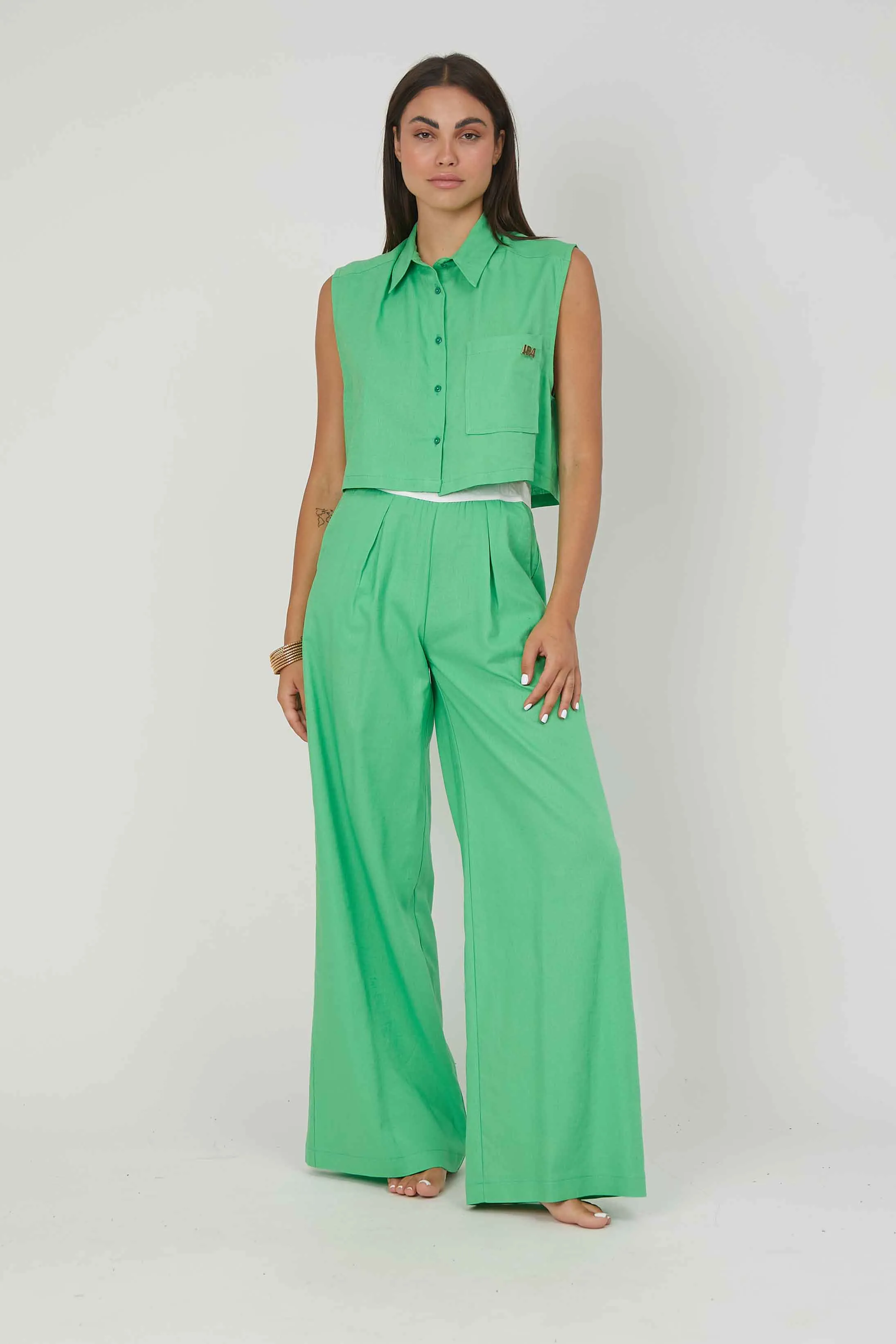 CAMICIA SMANICATA LINO AQUA GREEN
