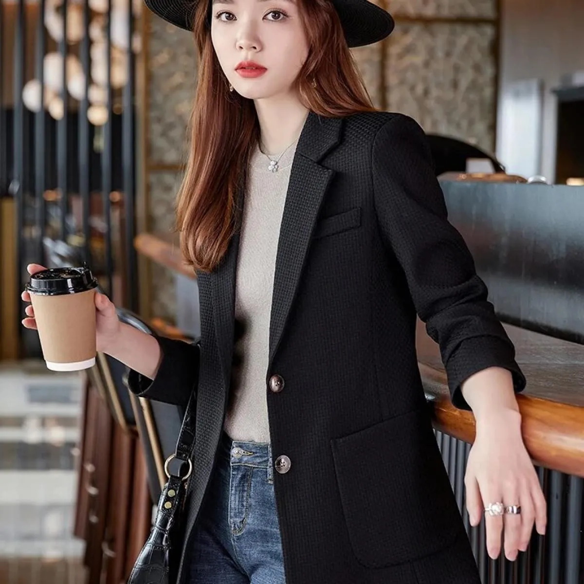 Cappotto blazer formale da donna autunno inverno Cappotto da donna femminile verde beige nero scozzese manica lunga giacca monop