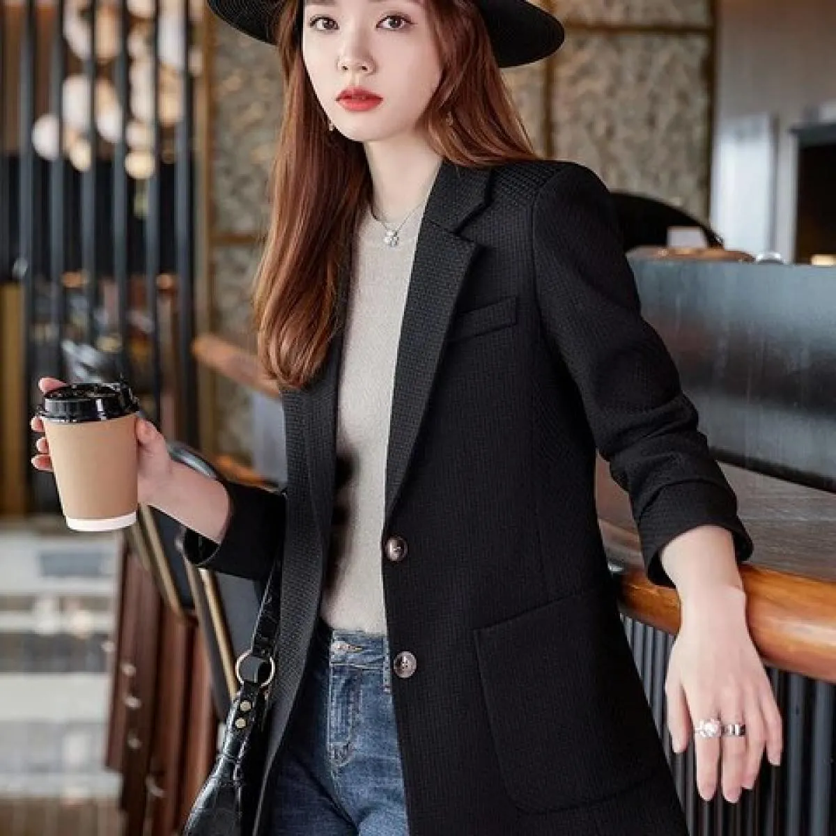 Cappotto blazer formale da donna autunno inverno Cappotto da donna femminile verde beige nero scozzese manica lunga giacca monop