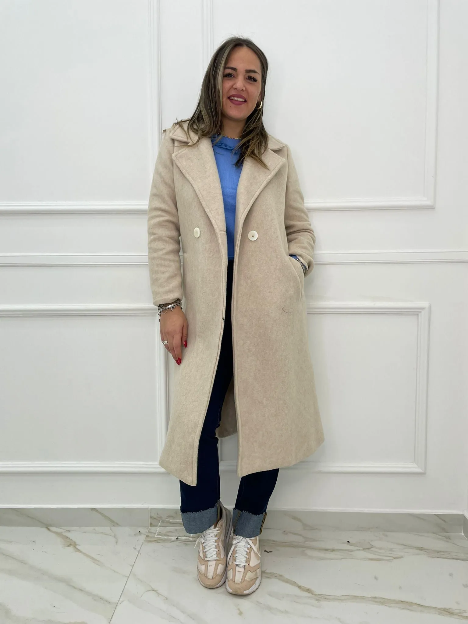 Cappotto lungo finto doppio petto in lana
