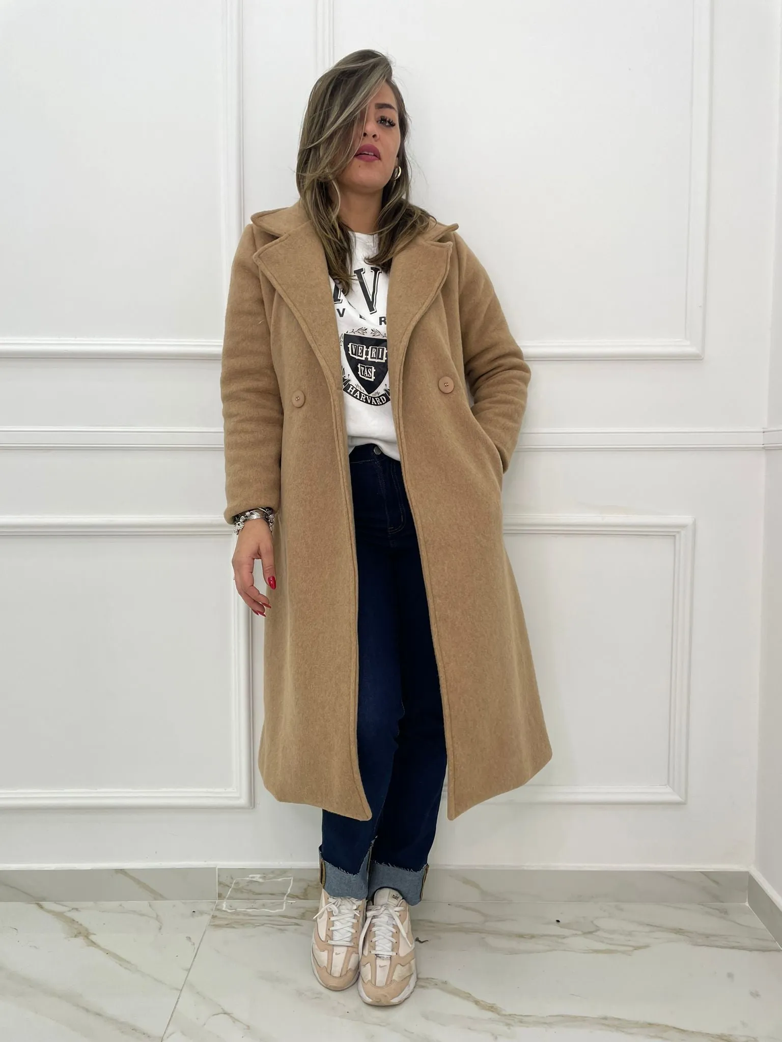 Cappotto lungo finto doppio petto in lana