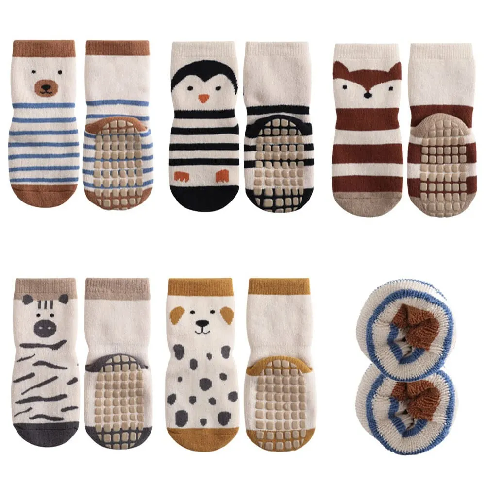 FedMois 5 paia calzini antiscivolo invernali termici in cotone bimbi bambini, pinguino, 0-1 anno