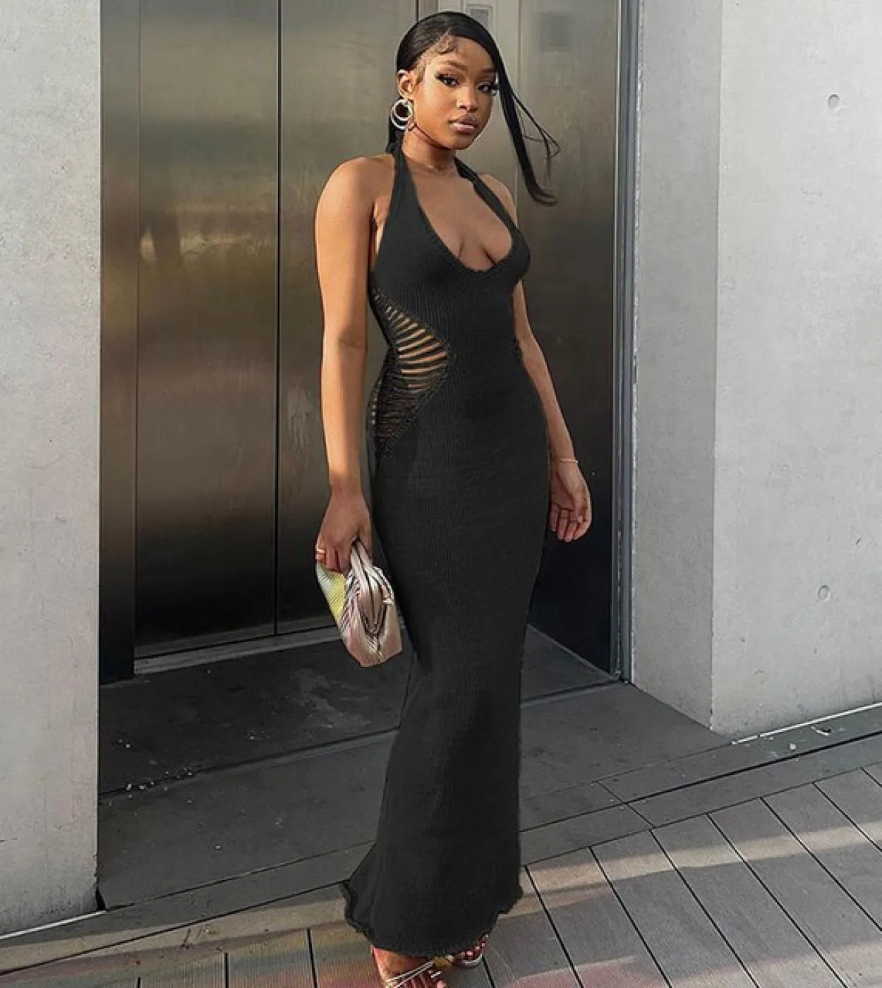 Gacvga Maxi vestito aderente lavorato a maglia con scollo allamericana 2022 Summer Vacation Women scava fuori attraverso un abi