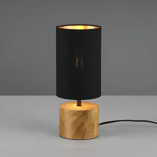 Lampada tavolo Woody, legno/stoffa, cilindro, nero