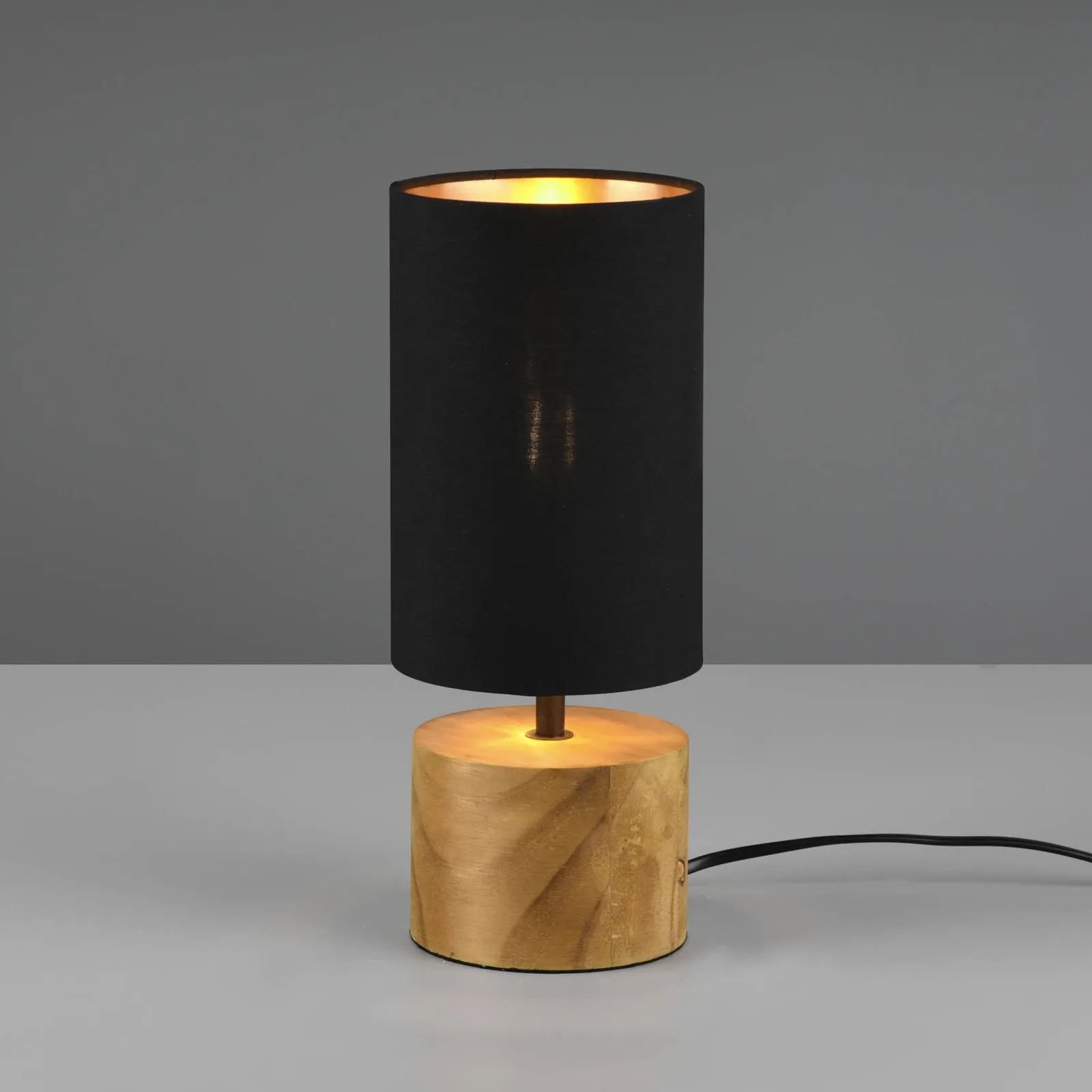 Lampada tavolo Woody, legno/stoffa, cilindro, nero