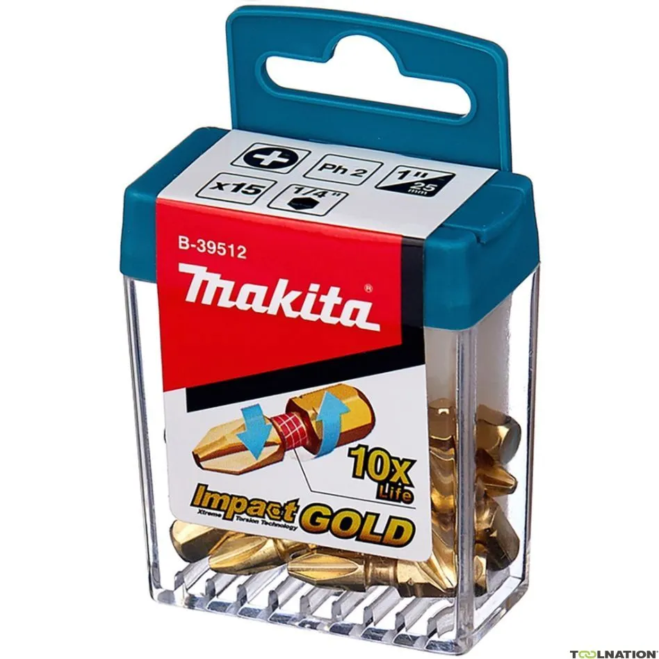Makita Accessori B-39512 Punta per vite a percussione XTT Impact Gold PH2 x 25 mm Per 15 pezzi