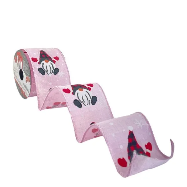 Nastro in Tessuto Rosa con Gnomi e Fiocchi di Neve – 6 x 270 cm