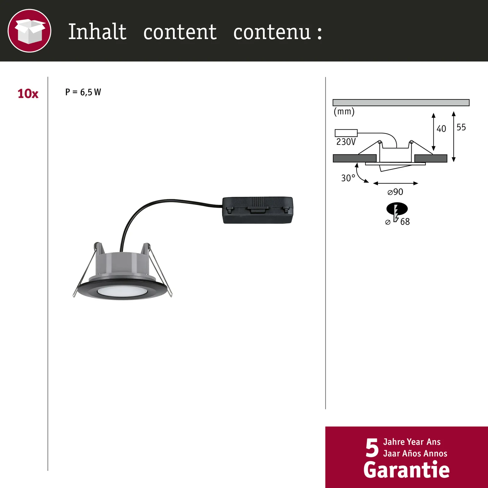 Paulmann Calla, nera orientabile 4.000K non dimmerabile 10s