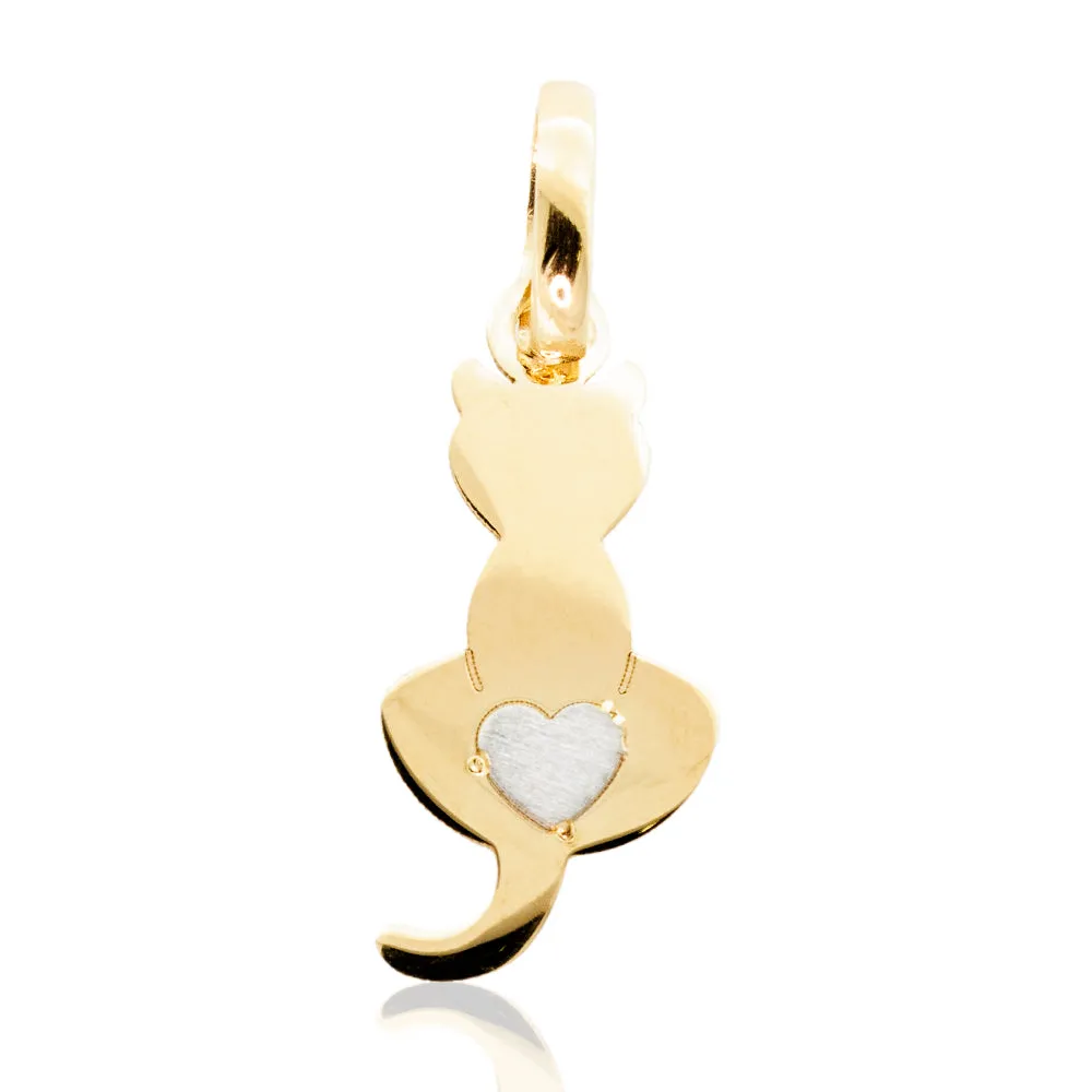 Pendente Gatto in Oro Giallo con Cuore Bianco