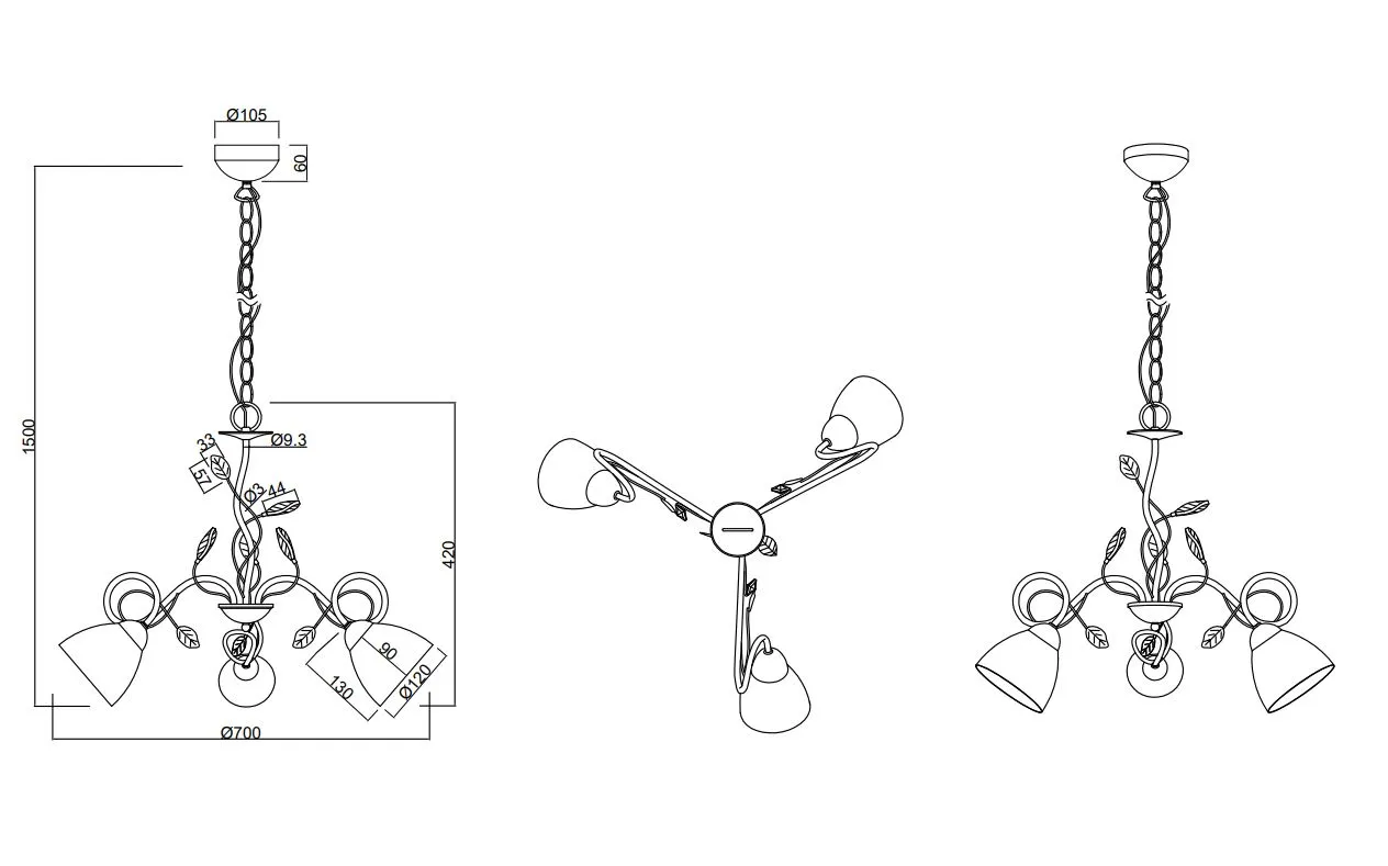 Sospensione Rustica con Catena Traditio Ruggine 3 Coppe Vetro Alabastro Ø70 cm Trio Lighting