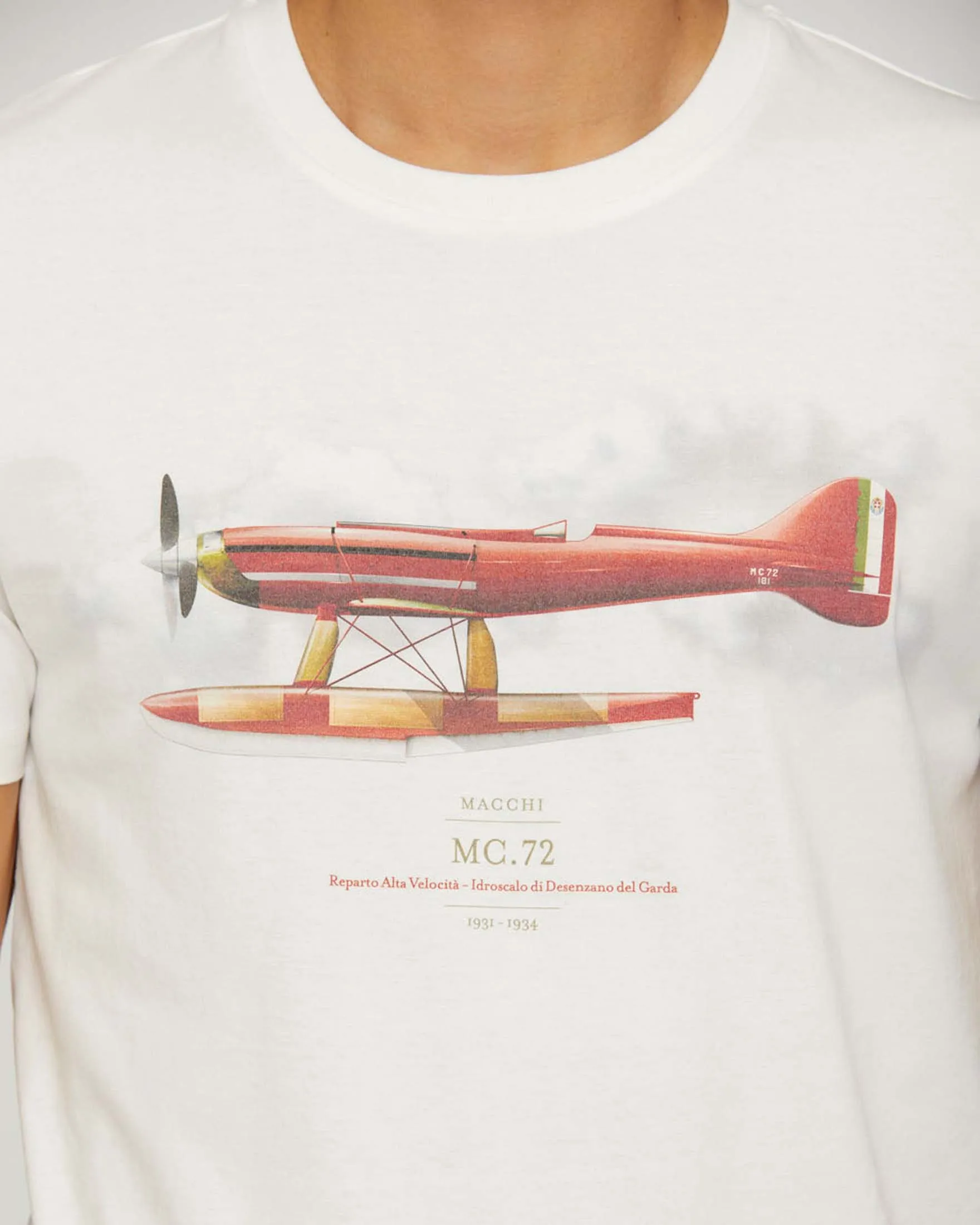 T-shirt bianca mezza manica in puro cotone con stampa aereo e scritte davanti