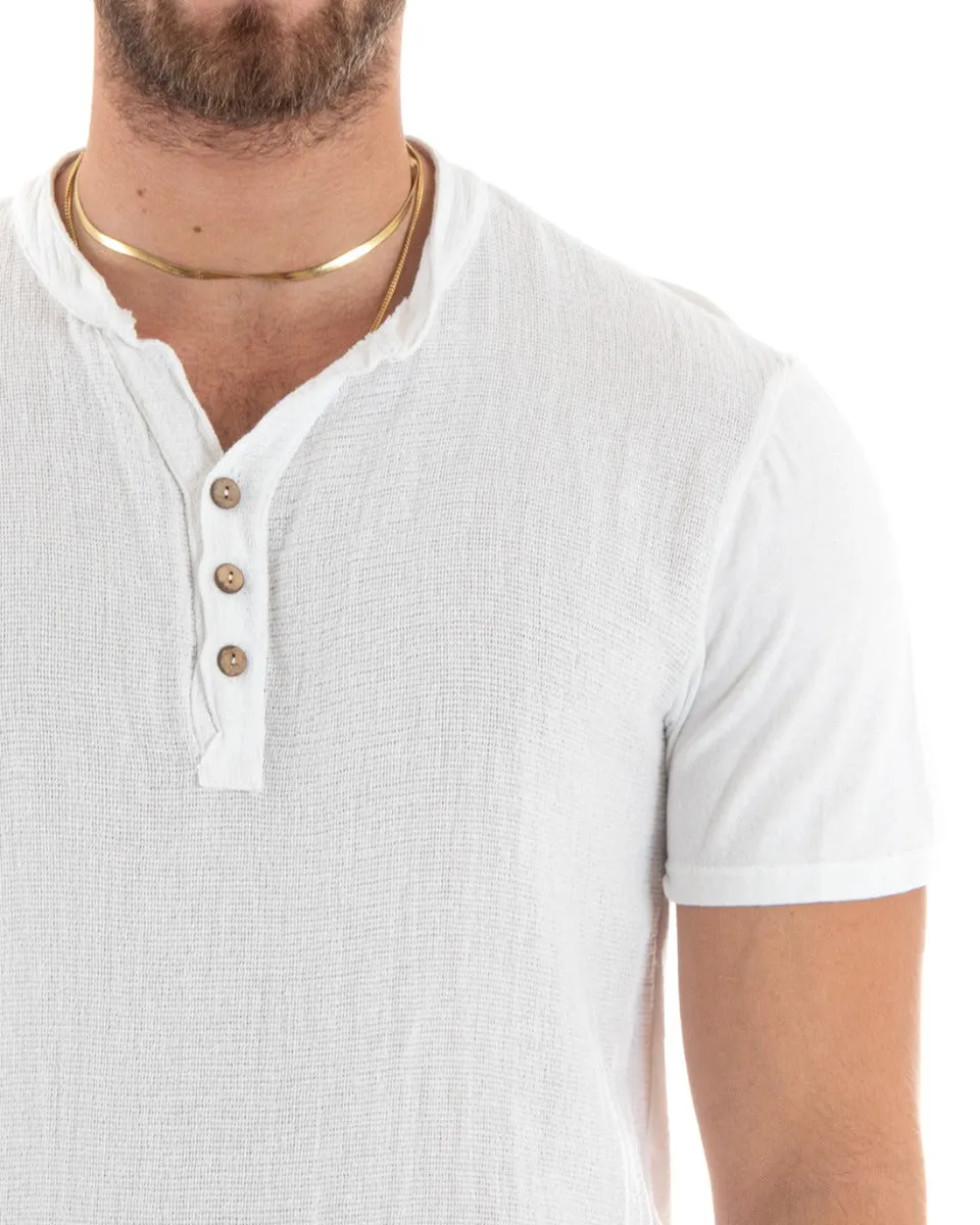 T-shirt Uomo Collo Serafino Bottoni Tinta Unita Manica Corta Cotone Bianca Casual GIOSAL-TS2957A