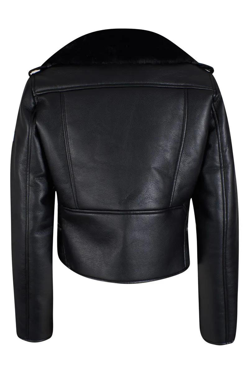 Yes-Zee giubbino chiodo in ecopelle con eco pelliccia nero